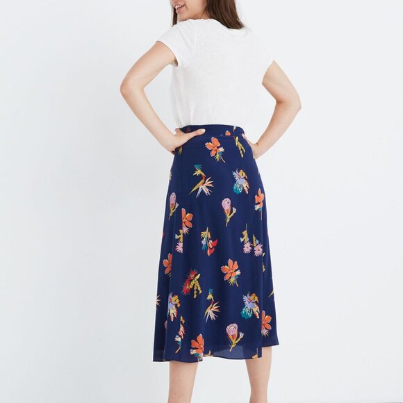 Madewell Silk Atrium Midi Skirt Bird of Paradise Floral Blue Size 10 - Picture 3 of 14